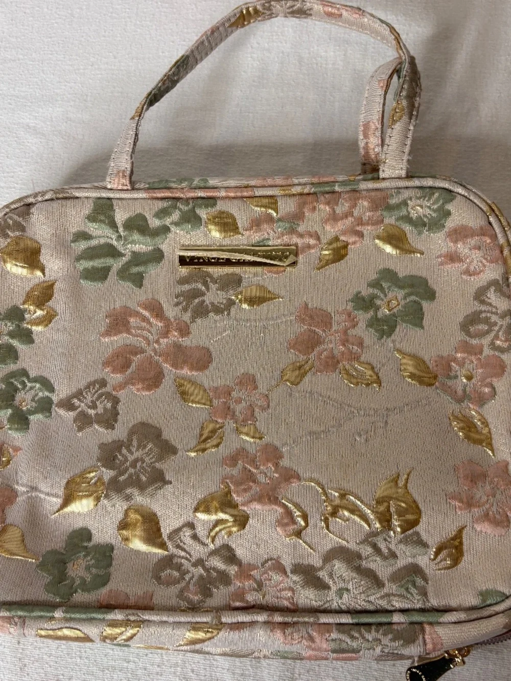 Vince Camuto Floral Gold Damask Cottagecore Zip Hanging Toiletry Case Makeup Bag